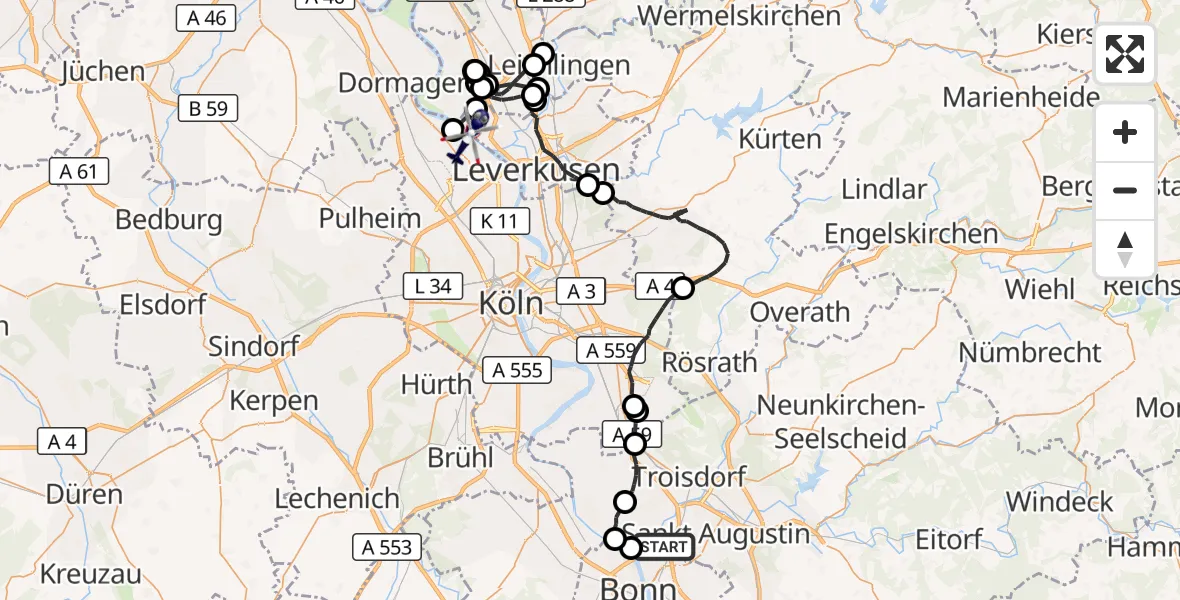 Flugroute Polizeihubschrauber Bonn - Köln, 12 Oktober 2026, 07:52