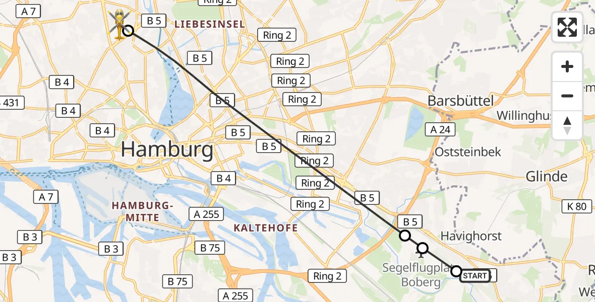Flugroute Rettungshubschrauber Christoph Hansa ADAC Hubschrauberlandeplatz - Universitätsklinikum Hamburg-Eppendorf Hubschrauberlandeplatz, 12 Oktober 2026, 08:02