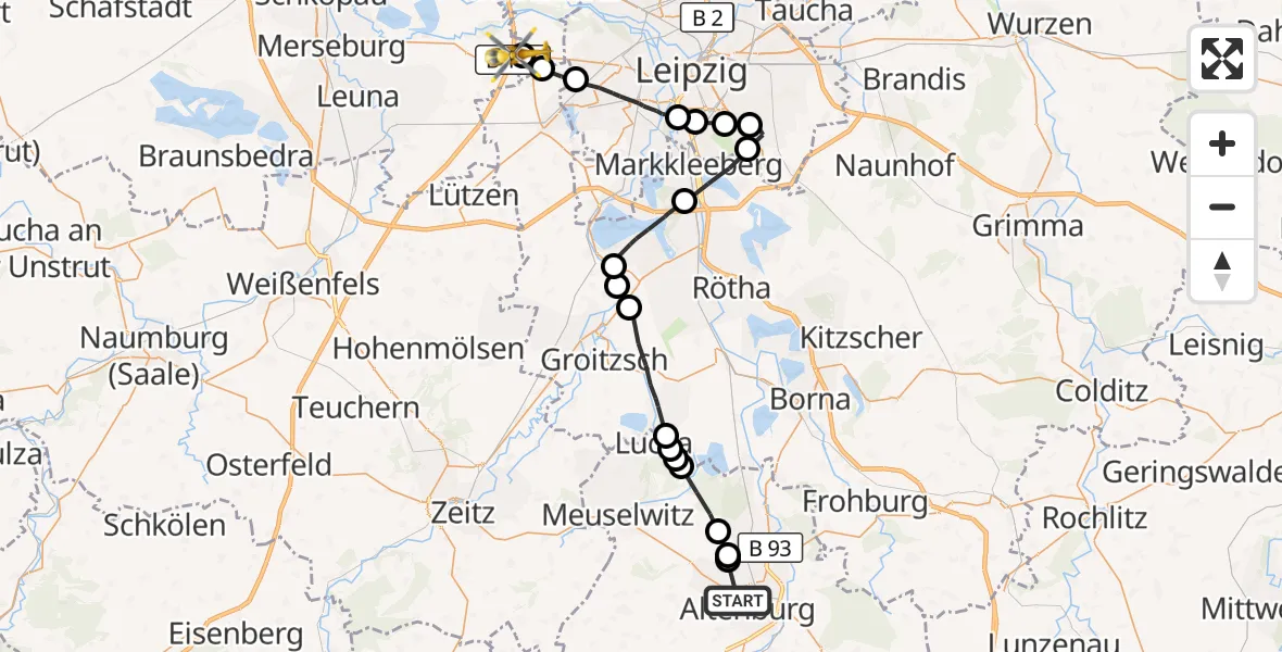 Flugroute Rettungshubschrauber Altenburg - ADAC Air Rescue Station Leipzig/Schkeuditz-Dölzig Hubschrauberlandeplatz (Christoph 61), 12 Oktober 2026, 08:05