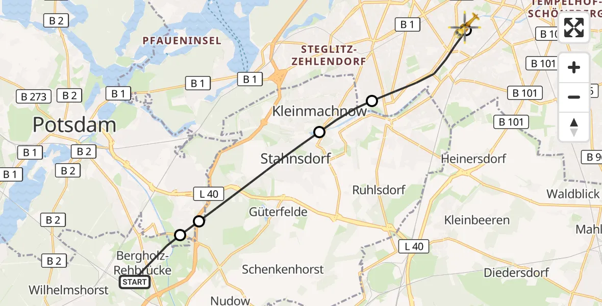 Flugroute Rettungshubschrauber Nuthetal - Charité Clinic Benjamin Franklin Campus, 12 Oktober 2026, 08:07