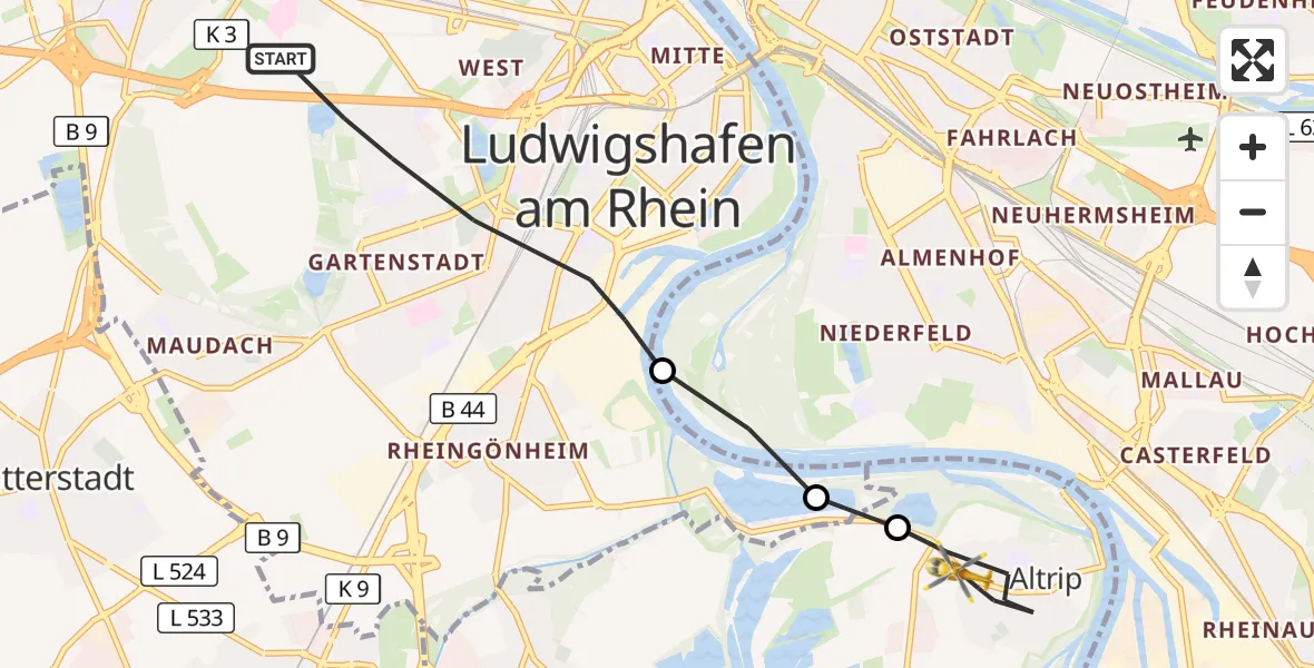 Flugroute Rettungshubschrauber Ludwigshafen am Rhein - Altrip, 12 Oktober 2026, 08:10