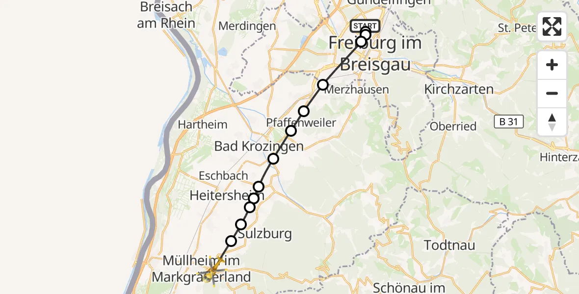 Flugroute Ambulanzhubschrauber Freiburg im Breisgau Flugplatz - Müllheim im Markgräflerland, 12 Oktober 2026, 08:16