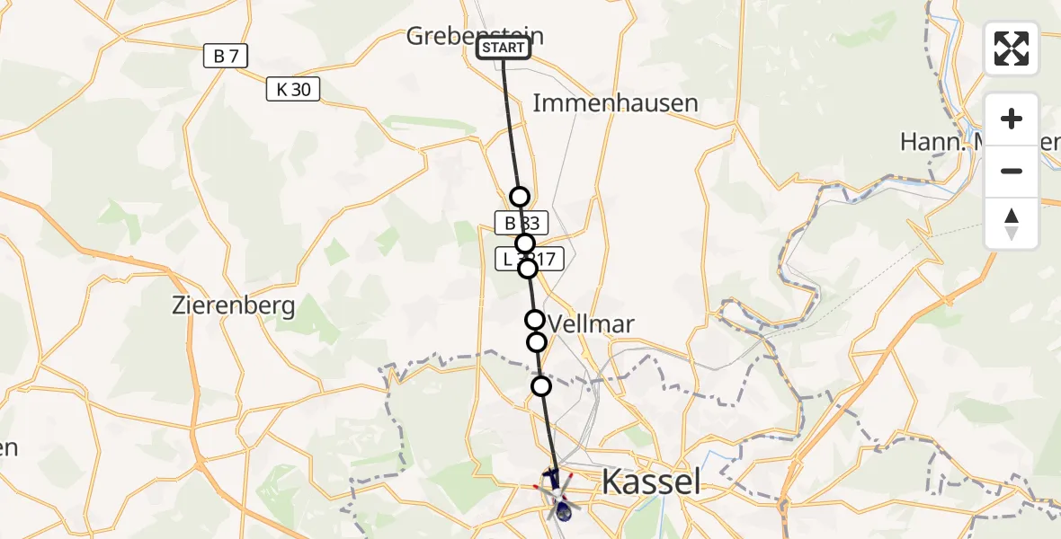 Flugroute Polizeihubschrauber Grebenstein - Kassel, 12 Oktober 2026, 08:19