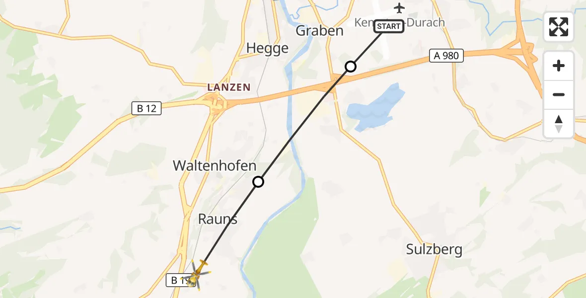 Flugroute Rettungshubschrauber Kempten-Durach Flugplatz - Waltenhofen, 12 Oktober 2026, 08:21