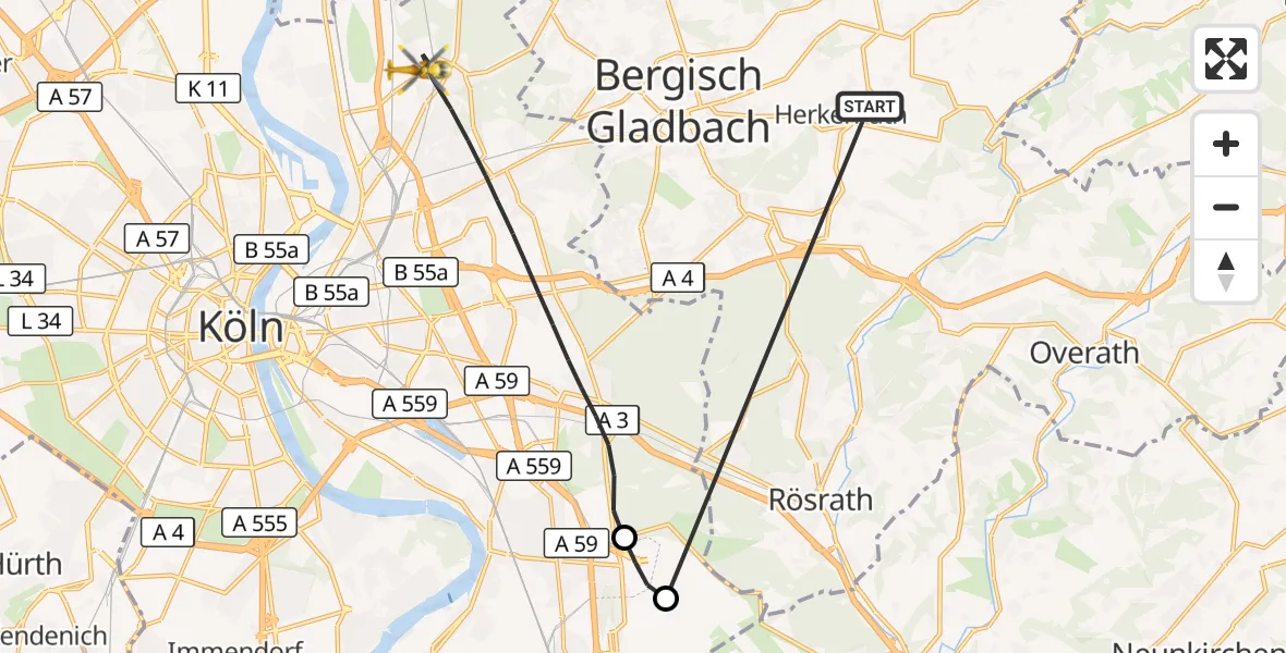 Flugroute Ambulanzhubschrauber Bergisch Gladbach - Köln, 12 Oktober 2026, 08:23
