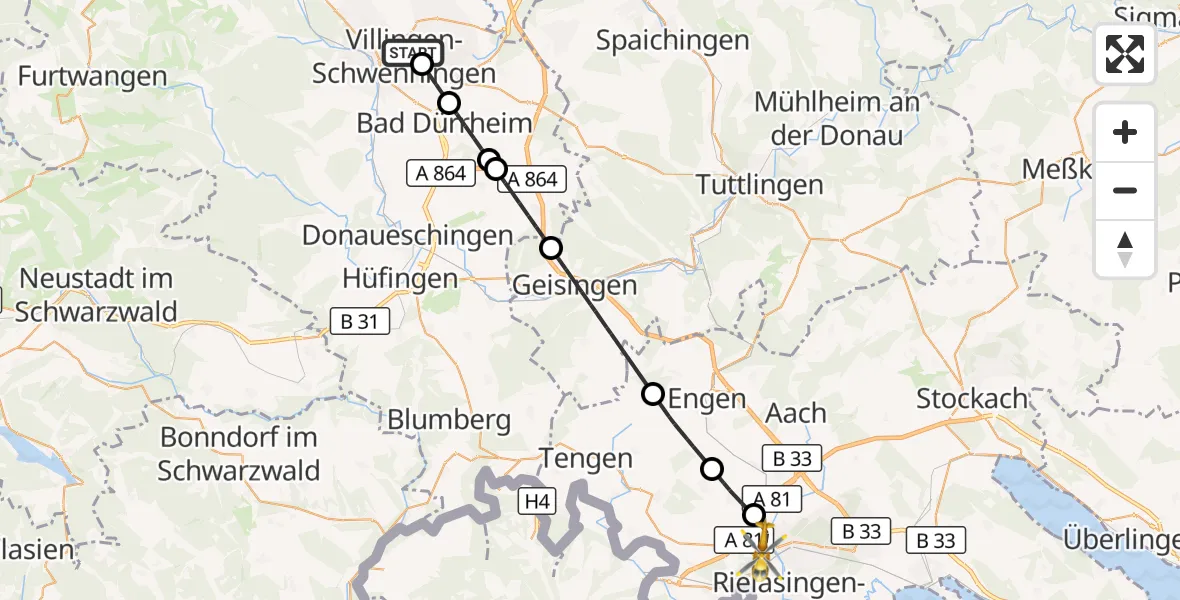 Flugroute Ambulanzhubschrauber DRF Air Rescue Station Villingen-Schwenningen Hubschrauberlandeplatz (Christoph 11) - Singen (Hohentwiel), 12 Oktober 2026, 08:27