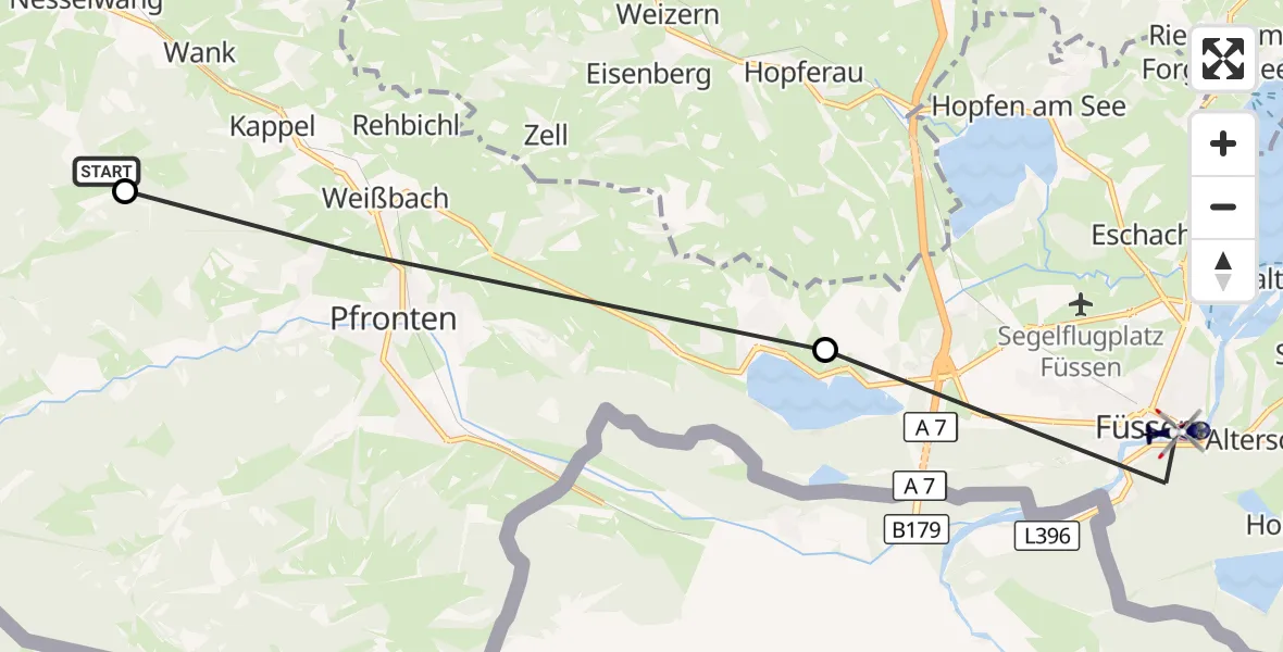 Flugroute Polizeihubschrauber Nesselwang - Füssen, 12 Oktober 2026, 08:37