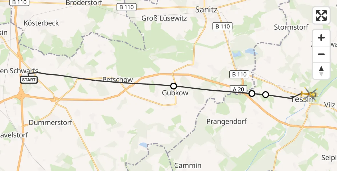 Flugroute Ambulanzhubschrauber Dummerstorf - Tessin, 12 Oktober 2026, 08:40