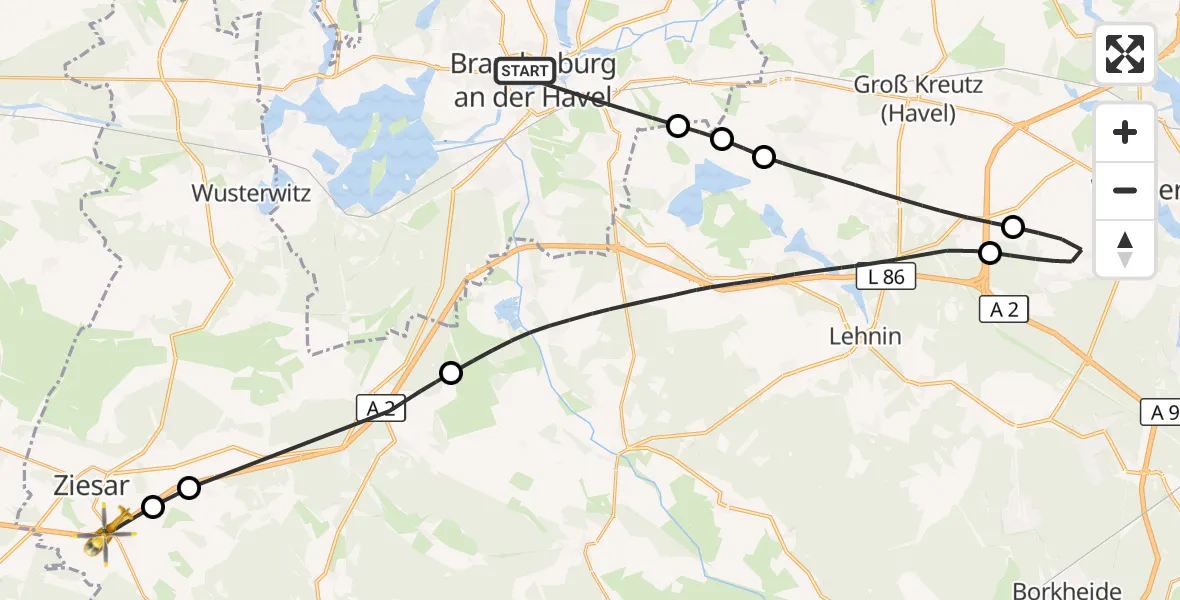 Flugroute Rettungshubschrauber Brandenburg an der Havel - Ziesar, 12 Oktober 2026, 08:45