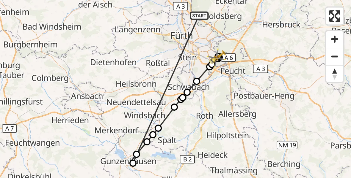 Flugroute Rettungshubschrauber Neunhofer Forst - Nürnberg South Hospital, 12 Oktober 2026, 08:54
