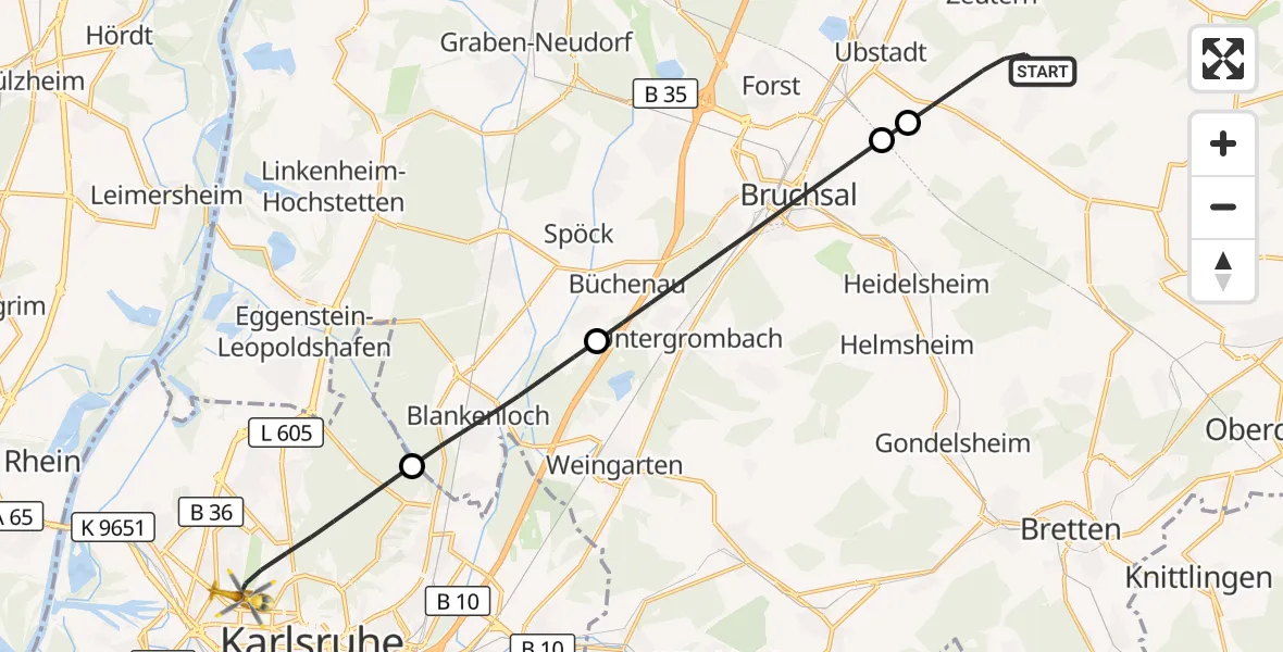 Flugroute Ambulanzhubschrauber Kraichtal - Karlsruhe, 12 Oktober 2026, 08:56