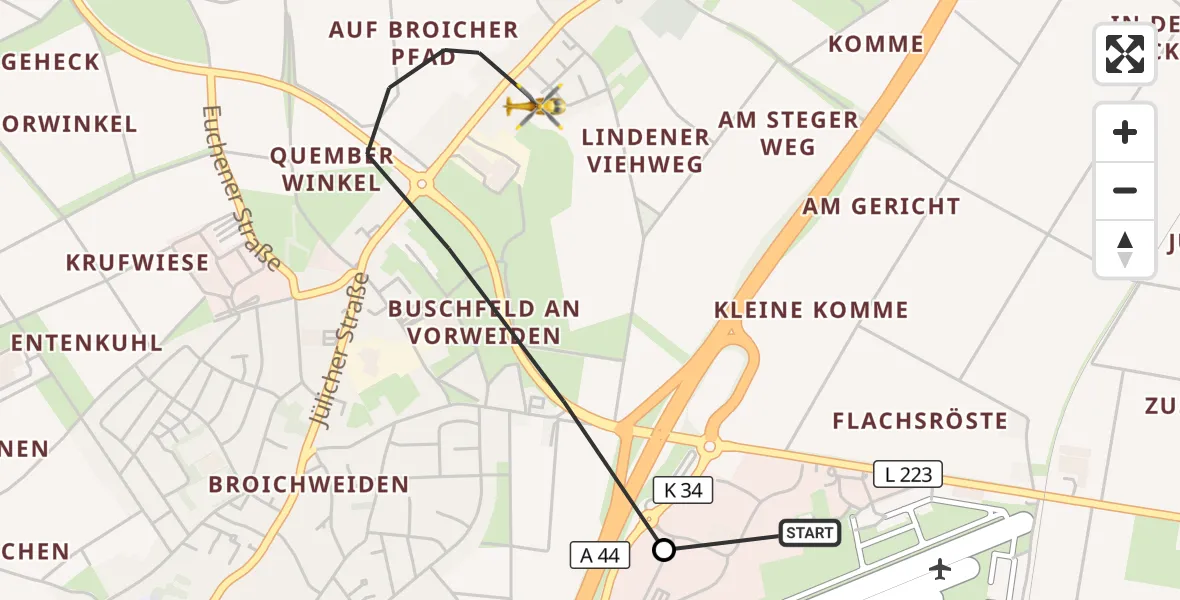 Flugroute Rettungshubschrauber Aachen-Merzbrück Flughafen - Würselen, 12 Oktober 2026, 09:01