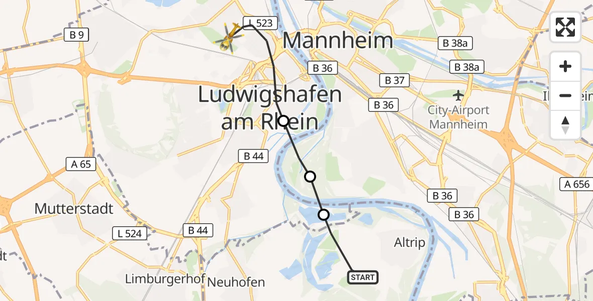 Flugroute Rettungshubschrauber Altrip - Ludwigshafen am Rhein, 12 Oktober 2026, 09:03
