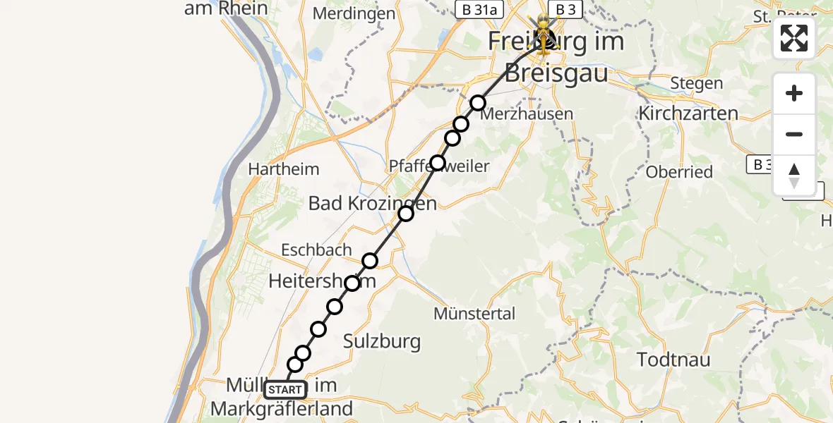 Flugroute Ambulanzhubschrauber Müllheim im Markgräflerland - Freiburg University Hospital Heliport 1, 12 Oktober 2026, 09:06