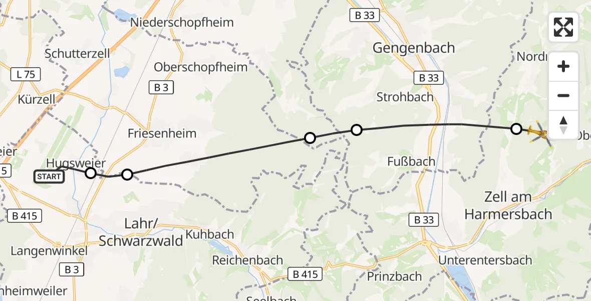 Flugroute Rettungshubschrauber Lahr Flughafen - Nordrach, 12 Oktober 2026, 09:06