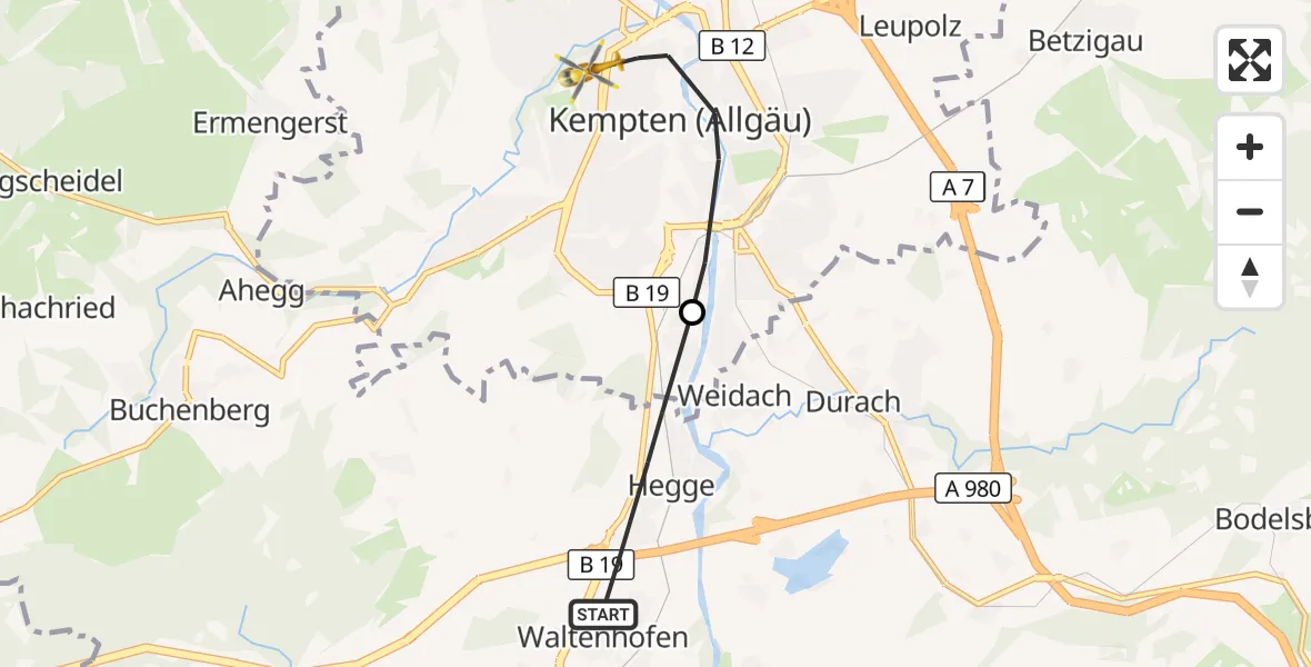 Flugroute Rettungshubschrauber Waltenhofen - Kempten (Allgäu), 12 Oktober 2026, 09:11