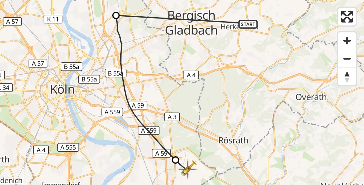 Flugroute Ambulanzhubschrauber Bergisch Gladbach - Köln Bonn Flughafen, 12 Oktober 2026, 09:12