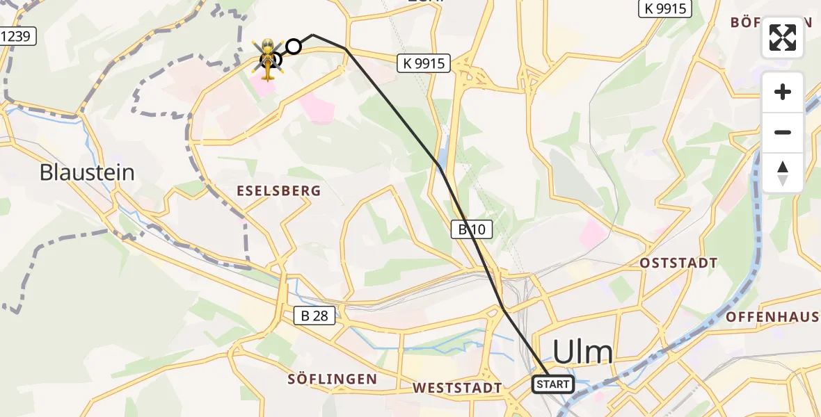 Flugroute Rettungshubschrauber Ulm - ADAC Air Rescue Station Ulm (Christoph 22), 12 Oktober 2026, 09:27