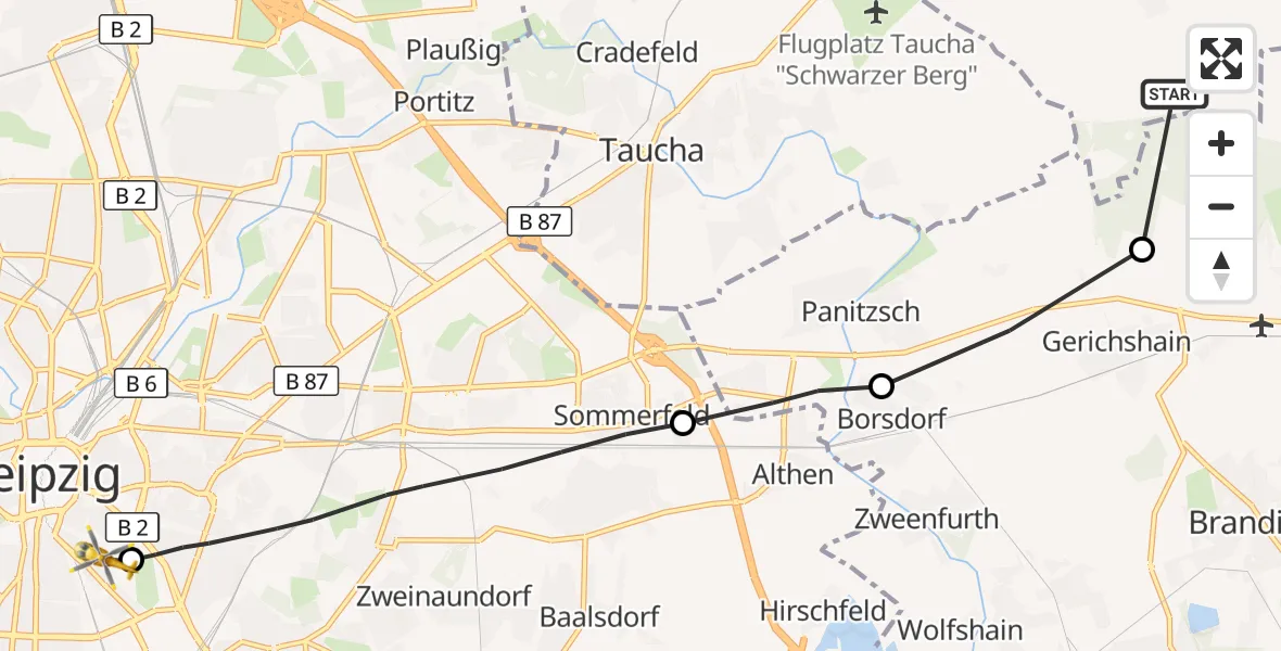 Flugroute Rettungshubschrauber Jesewitz - Leipzig University Hospital Heliport 1, 12 Oktober 2026, 09:27