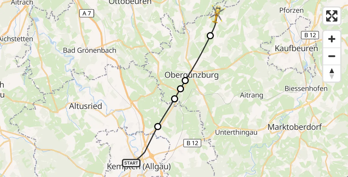 Flugroute Rettungshubschrauber Kempten (Allgäu) - Eggenthal, 12 Oktober 2026, 09:30