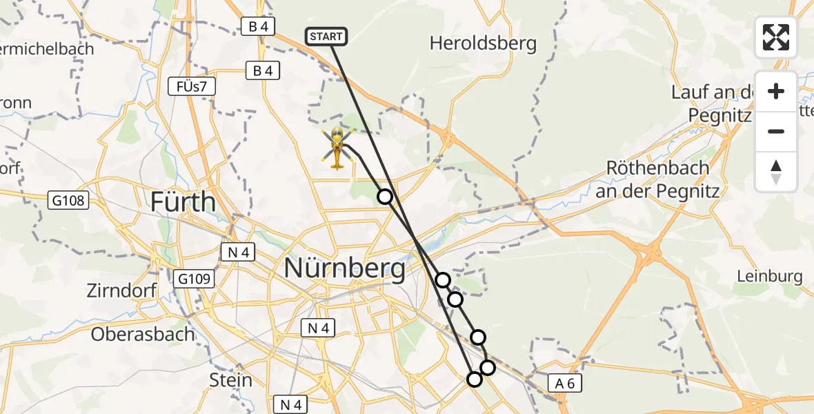 Flugroute Rettungshubschrauber Neunhofer Forst - Flughafen Nuremberg, 12 Oktober 2026, 09:45