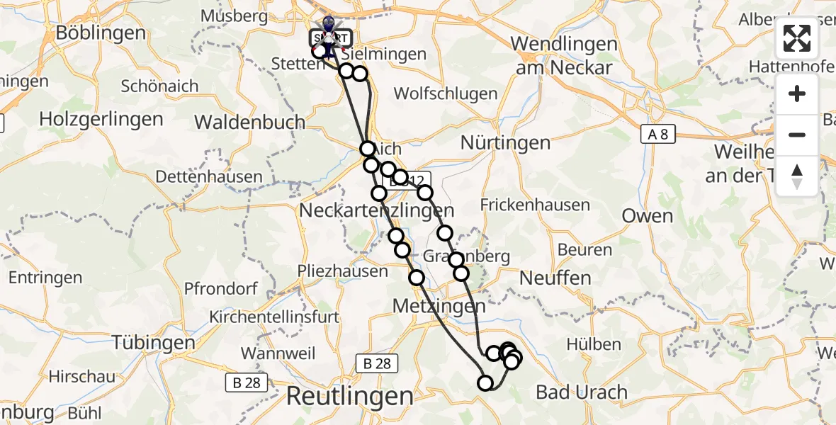 Flugroute Polizeihubschrauber Flughafen Stuttgart - Flughafen Stuttgart, 12 Oktober 2026, 09:52