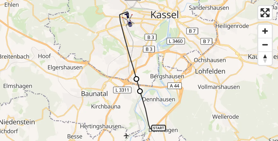 Flugroute Polizeihubschrauber Fuldabrück - Kassel, 12 Oktober 2026, 09:52