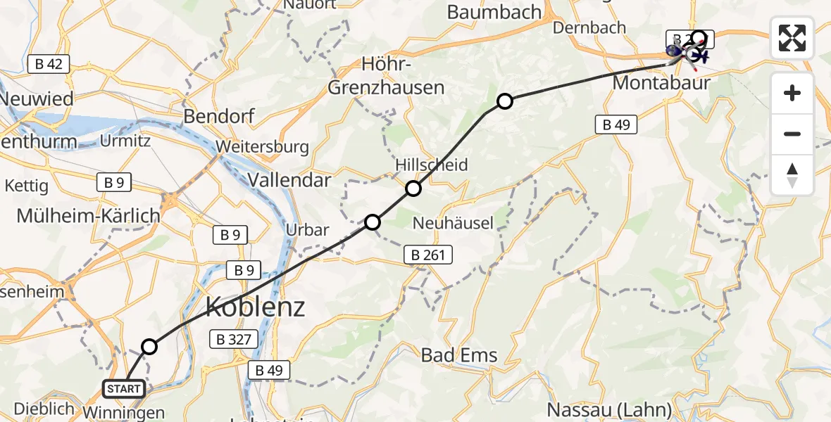 Flugroute Polizeihubschrauber Winningen - Autobahn Police Heiligenroth Hubschrauberlandeplatz, 12 Oktober 2026, 09:55