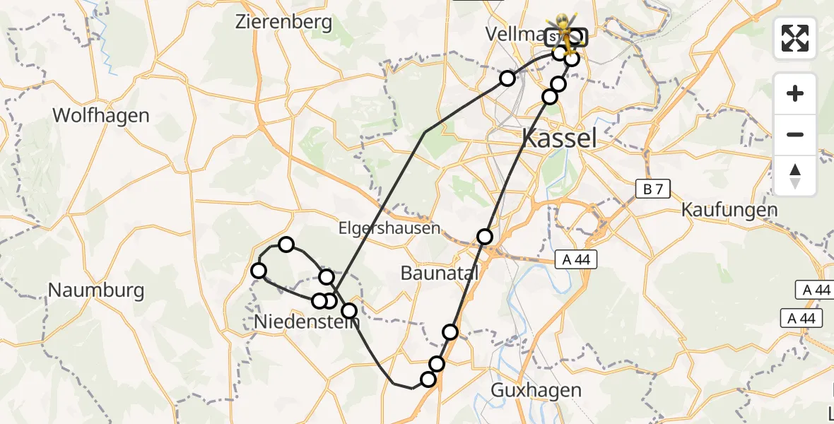 Flugroute Rettungshubschrauber Fuldatal Bundespolizei Hubschrauberlandeplatz - Fuldatal Bundespolizei Hubschrauberlandeplatz, 12 Oktober 2026, 10:07