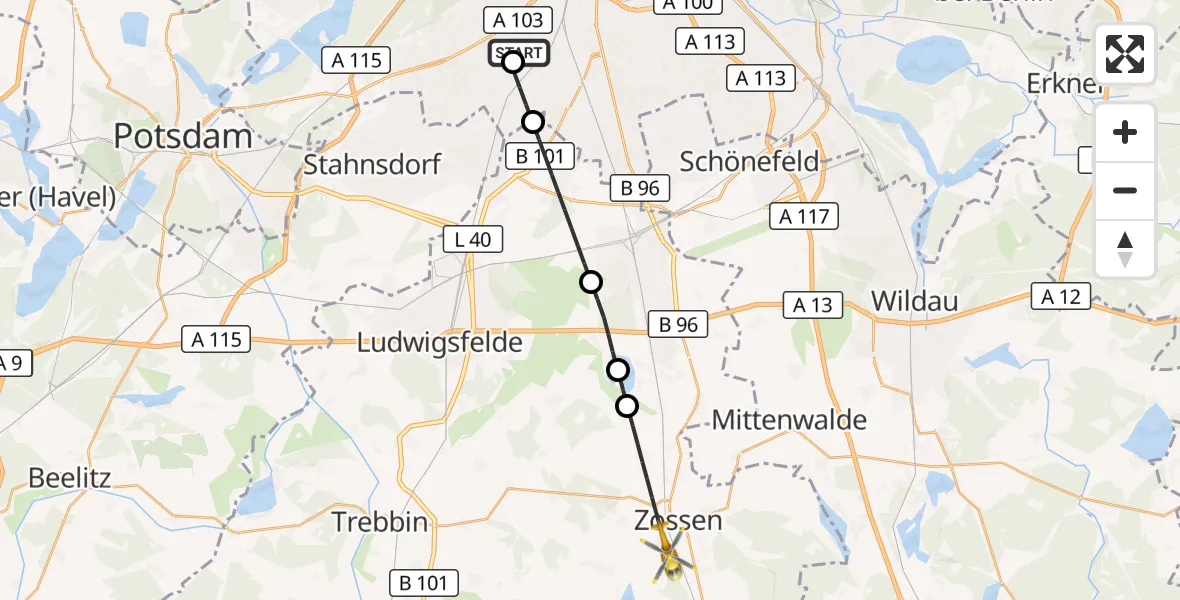 Flugroute Rettungshubschrauber Charité Clinic Benjamin Franklin Campus - Zossen, 12 Oktober 2026, 10:10
