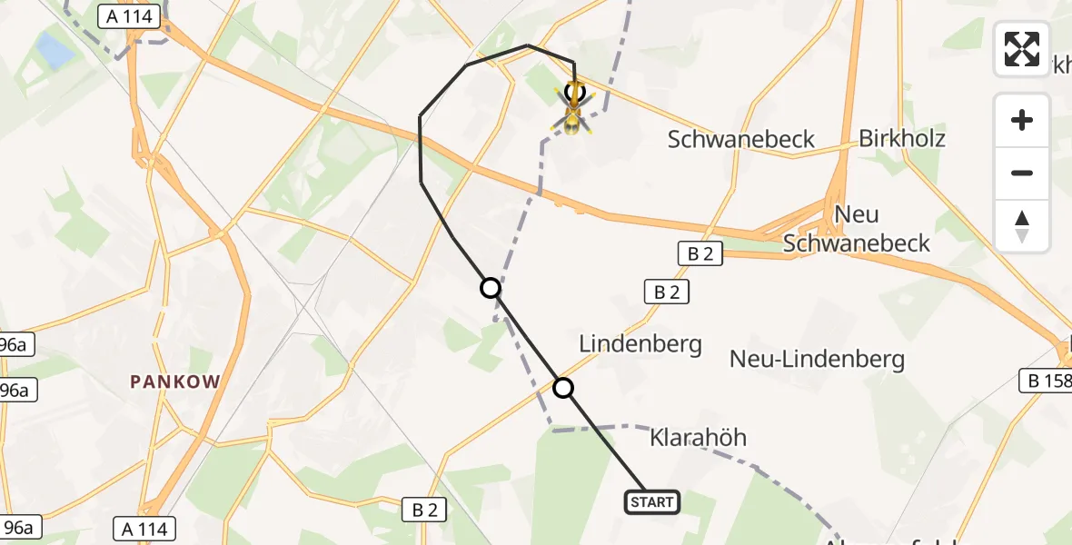 Flugroute Rettungshubschrauber Berlin - Helios Clinic Berlin-Buch, 12 Oktober 2026, 10:22