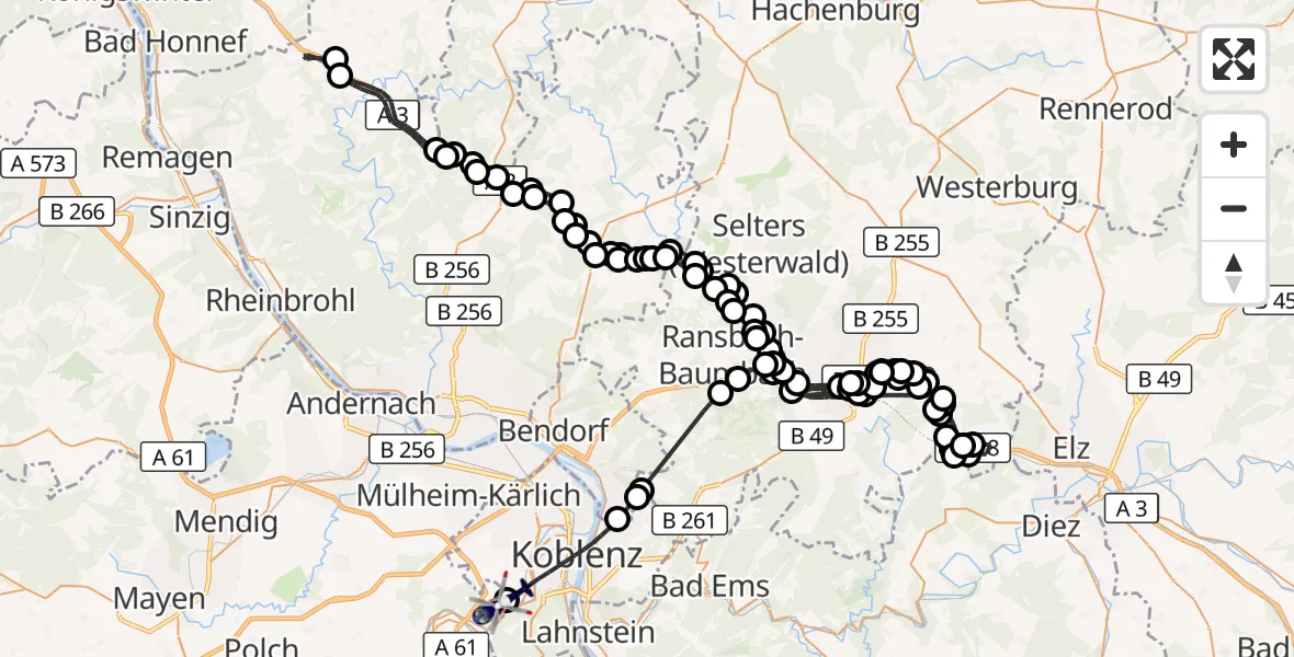 Flugroute Polizeihubschrauber Großholbach - Koblenz-Winningen Flugplatz, 12 Oktober 2026, 10:22