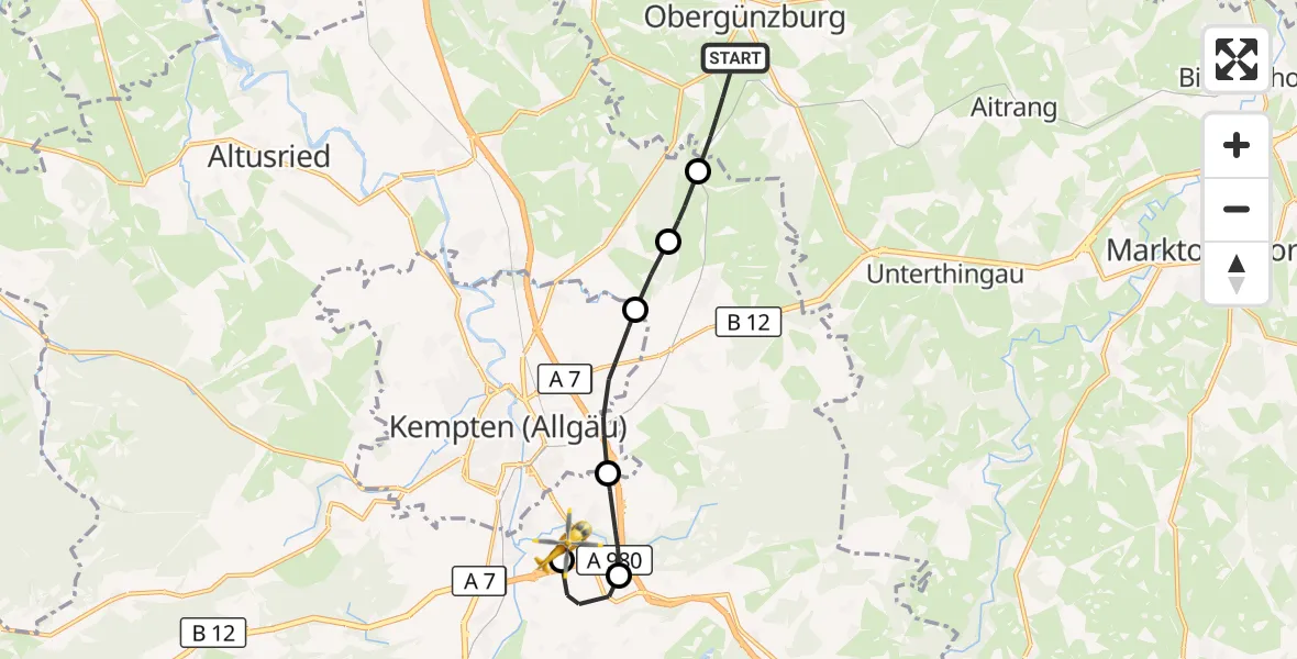 Flugroute Rettungshubschrauber Günzach - Kempten-Durach Flugplatz, 12 Oktober 2026, 10:22