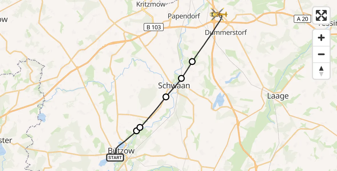 Flugroute Ambulanzhubschrauber Bützow - Dummerstorf, 12 Oktober 2026, 10:25