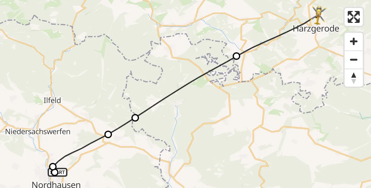 Flugroute Rettungshubschrauber Südharz Hospital Nordhausen - Harzgerode, 12 Oktober 2026, 10:29