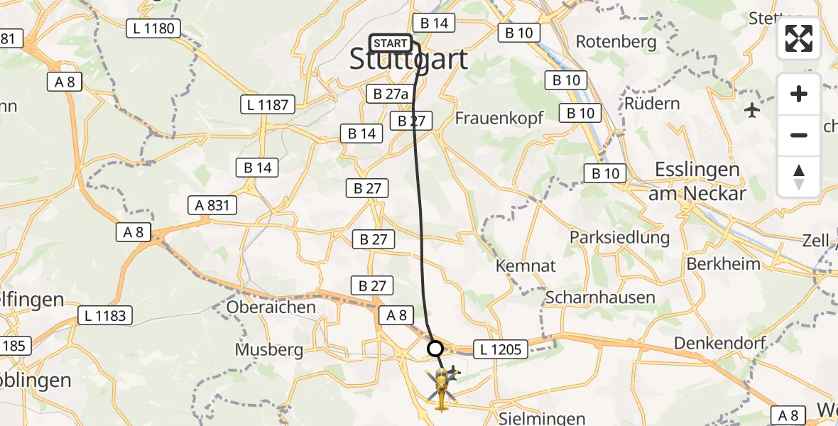 Flugroute Ambulanzhubschrauber Stuttgart - Flughafen Stuttgart, 12 Oktober 2026, 10:33
