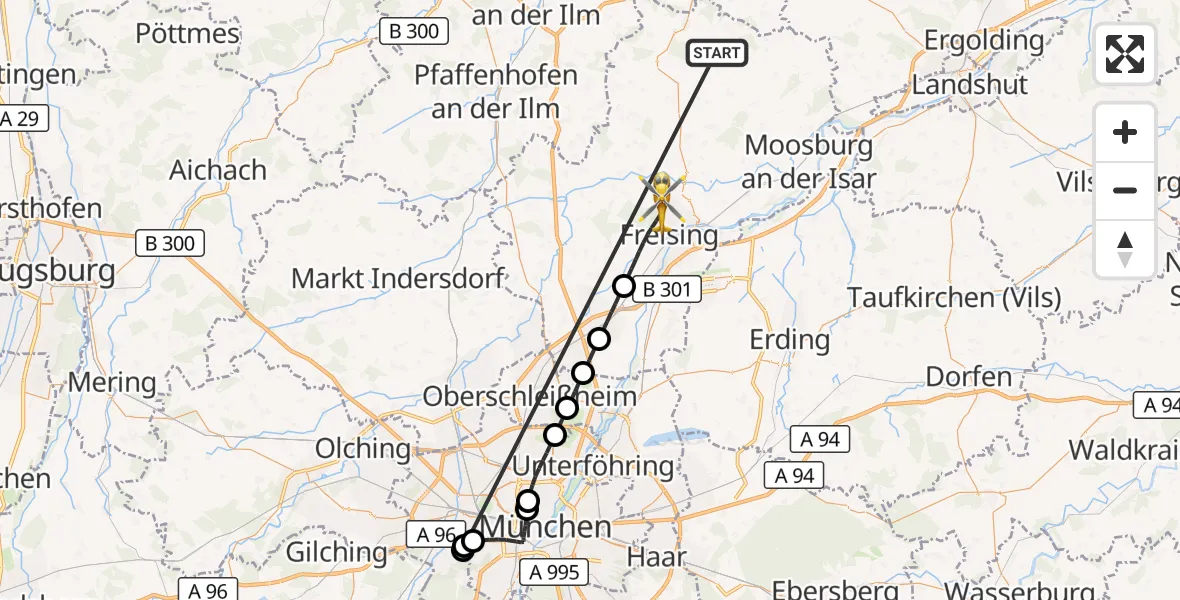 Flugroute Rettungshubschrauber Rudelzhausen - Freising, 12 Oktober 2026, 10:48