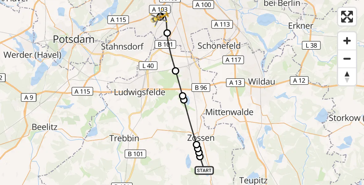 Flugroute Rettungshubschrauber Zossen - Charité Clinic Benjamin Franklin Campus, 12 Oktober 2026, 10:51