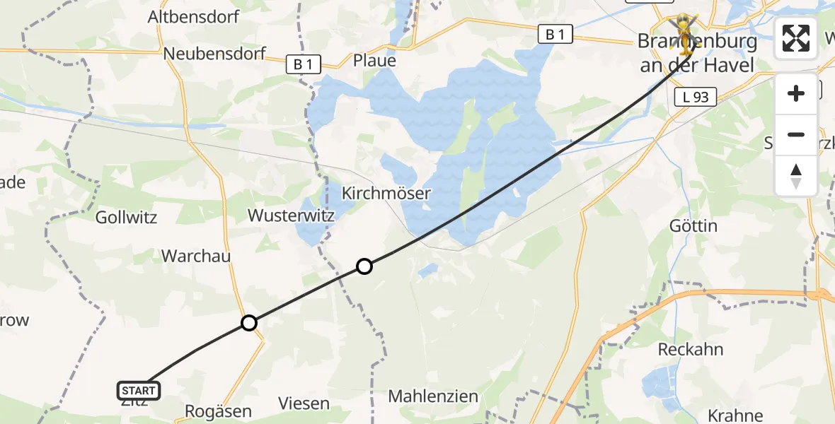 Flugroute Rettungshubschrauber Rosenau - Brandenburg an der Havel, 12 Oktober 2026, 10:52