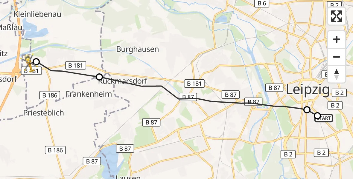 Flugroute Rettungshubschrauber Leipzig University Hospital Heliport 1 - ADAC Air Rescue Station Leipzig/Schkeuditz-Dölzig Hubschrauberlandeplatz (Christoph 61), 12 Oktober 2026, 10:53