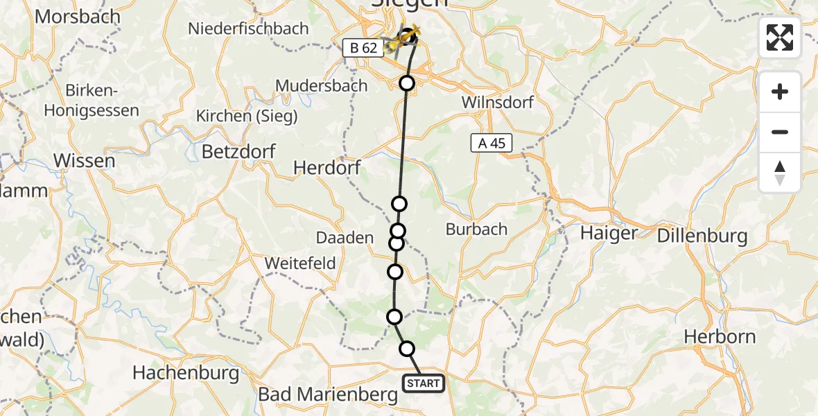 Flugroute Rettungshubschrauber Oberroßbach - Evangelisches Jung-Stilling Hospital, 12 Oktober 2026, 11:11