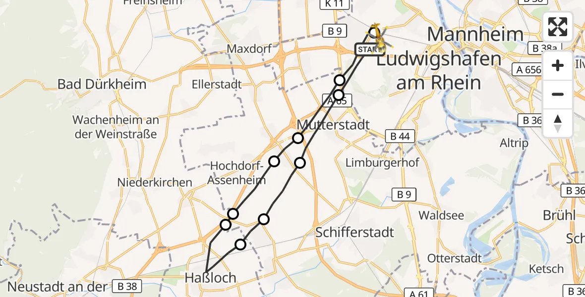 Flugroute Rettungshubschrauber Ludwigshafen am Rhein - Ludwigshafen Accident Hospital, 12 Oktober 2026, 11:15