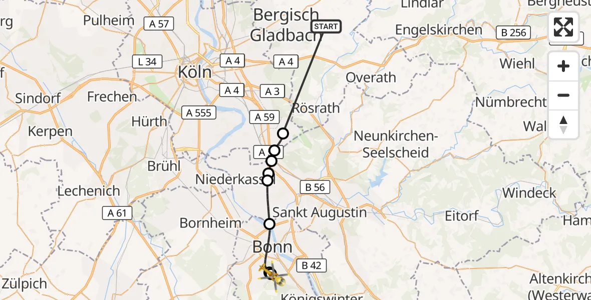 Flugroute Ambulanzhubschrauber Bergisch Gladbach - Bonn University Hospital, 12 Oktober 2026, 11:17