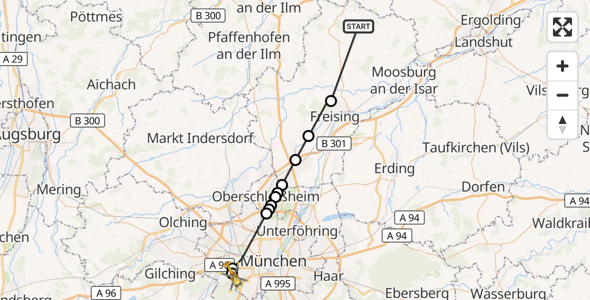 Flugroute Rettungshubschrauber Rudelzhausen - DRF Air Rescue München Hubschrauberlandeplatz, 12 Oktober 2026, 11:19