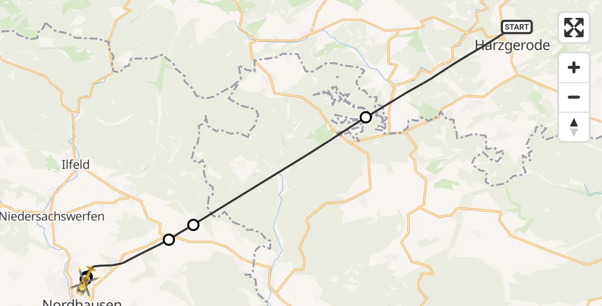 Flugroute Rettungshubschrauber Harzgerode - Südharz Hospital Nordhausen, 12 Oktober 2026, 11:29