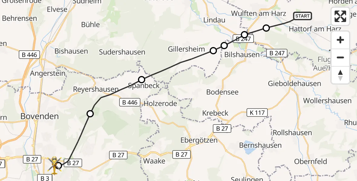 Flugroute Rettungshubschrauber Hattorf am Harz - Göttingen University Clinic Hubschrauberlandeplatz, 12 Oktober 2026, 11:35