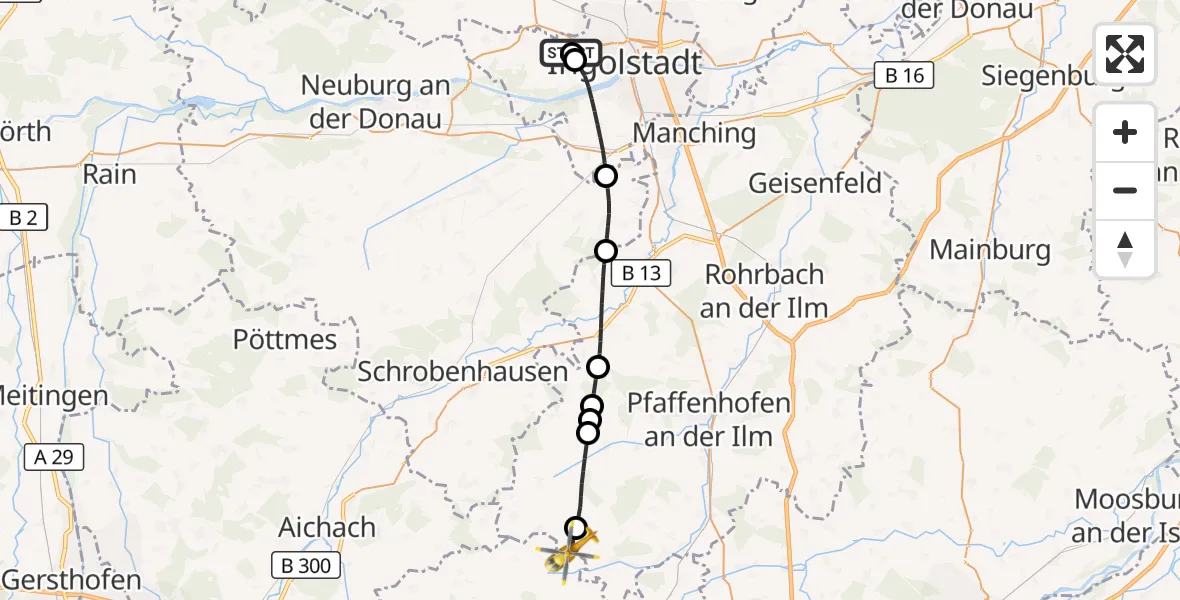 Flugroute Rettungshubschrauber Ingolstadt Hospital - Jetzendorf, 12 Oktober 2026, 11:35