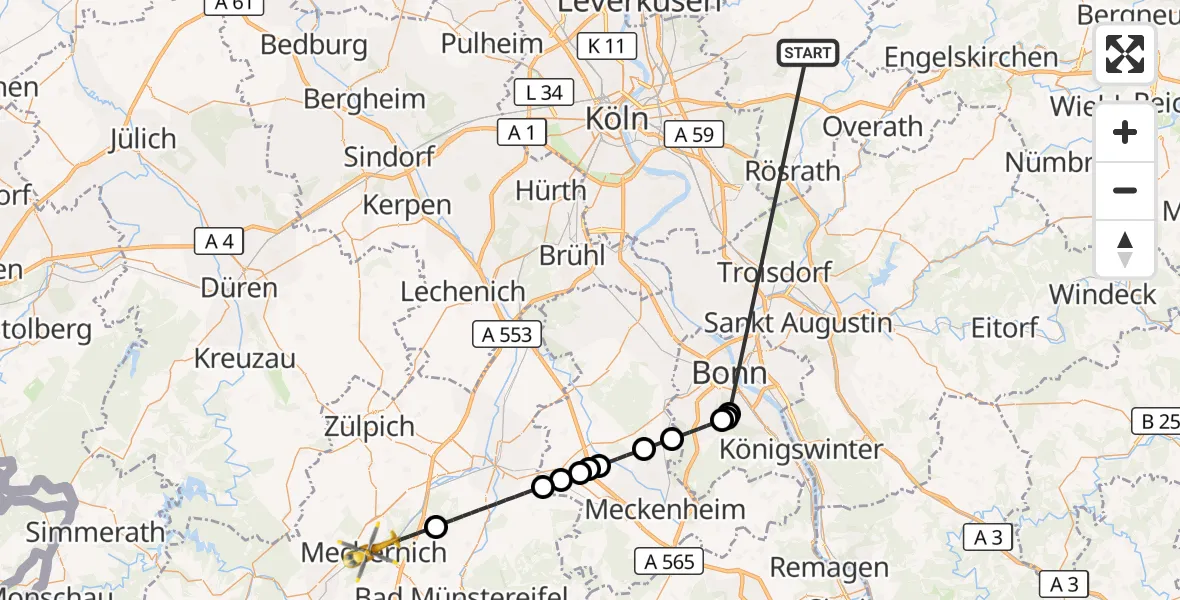 Flugroute Ambulanzhubschrauber Bergisch Gladbach - Mechernich, 12 Oktober 2026, 11:36
