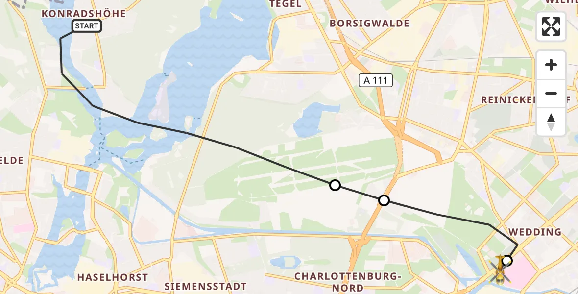 Flugroute Rettungshubschrauber Berlin - Charité Clinic Virchow Campus Hubschrauberlandeplatz, 12 Oktober 2026, 11:36
