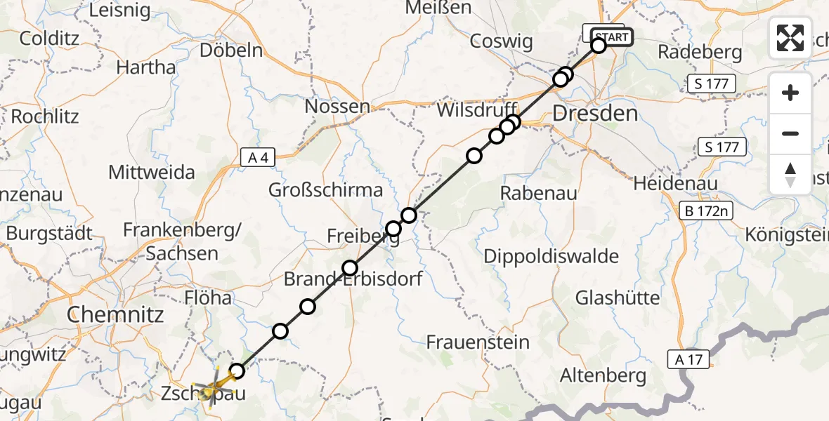 Flugroute Rettungshubschrauber Dresden Flughafen - Zschopau, 12 Oktober 2026, 11:43
